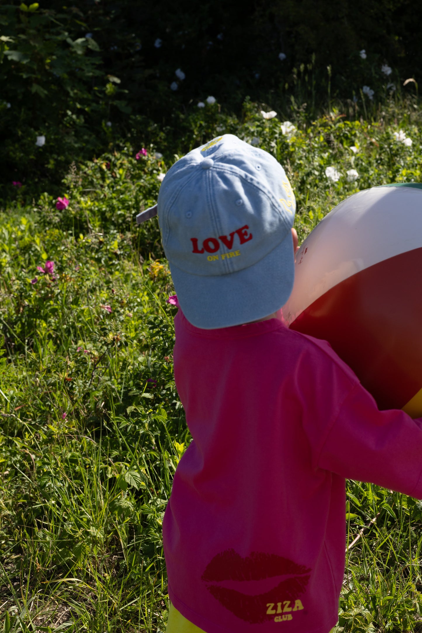 ZIZA CLUB Cap LOVE ON FIRE Sky Denim, a light denim kids cap with flame embroidery