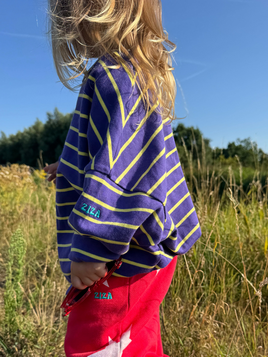 Kid wearing the ZIZA CLUB LS STRIPEY Skittles, a purple and yellow striped oversized kids longsleeve