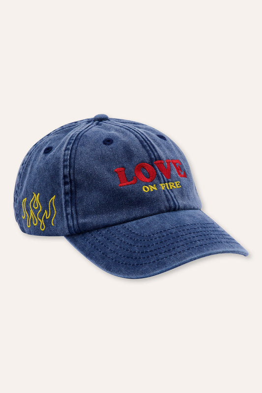 ZIZA CLUB Cap LOVE ON FIRE Ink Denim, a dark denim kids cap with flame embroidery
